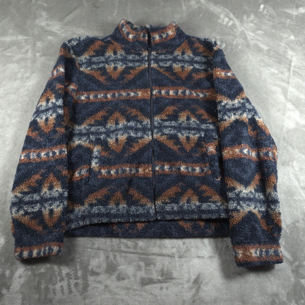 Lucky Brand Fleece Jacket Womens Medium Blue Southwestern Aztec Full Zip Sherpa